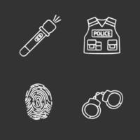 jeu d'icônes de craie de police. lampe de poche, gilet pare-balles, empreintes digitales, menottes. illustrations de tableau de vecteur isolé