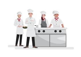 le chef croise les bras avec son personnel dans la cuisine du restaurant, illustration vectorielle vecteur