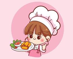 mignon femme chef tenant des rouleaux de printemps frits nourriture asiatique restaurant dessiné à la main logo dessin animé art illustration vecteur