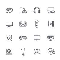 icônes de ligne de système de divertissement à domicile sur blanc, lunettes de réalité virtuelle, projecteur multimédia, système audio, console de jeux vidéo vecteur
