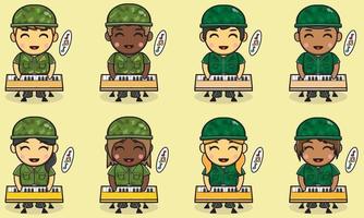 dessin animé d'illustration vectorielle de soldat mignon jouant du clavier. vecteur