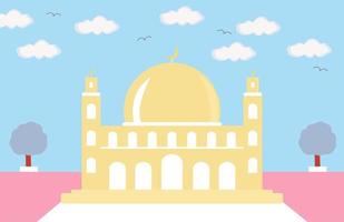 belle mosquée, avec nuage et oiseau. illustration vectorielle sur fond bleu pour le thème du ramadan. image colorée vecteur