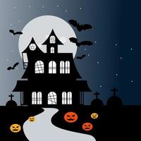 fond d'halloween heureux avec maison hantée, citrouille. modèle d'invitation d'halloween. illustration vectorielle