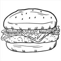 illustration noir et blanc de hamburger, vecteur de contour hamburger cheeseburger