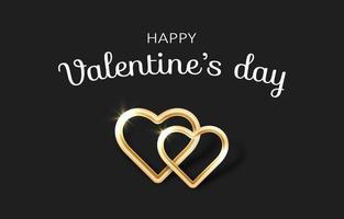 bannière happy valentines day avec deux coeurs dorés décoratifs sur fond noir. illustration vectorielle vecteur
