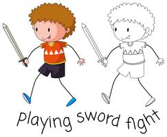 Doodle garçon jouant au combat à l&#39;épée vecteur
