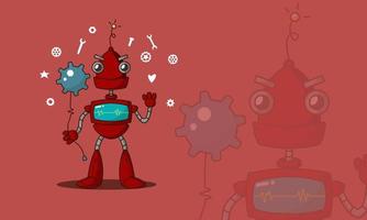 mignon robot rouge sur fond rouge. illustration vectorielle graphique. robot jouet robotique de conception futuriste cyborg. robot technologie machine futur jouet scientifique. personnage d'icône d'élément mignon, robot de dessin animé. vecteur