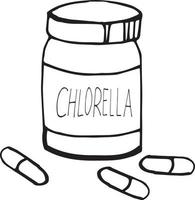 bouteille et capsules de chlorella dessinées à la main dans un style doodle. élément unique pour la conception. super aliment, algues, pharmacie médecine vecteur