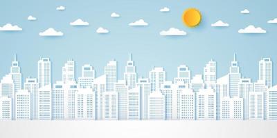 paysage urbain, bâtiment avec ciel bleu et soleil éclatant, style art papier vecteur