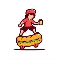 modèle de logo de restauration rapide, garçon débarrassant un sandwich comme illustration vectorielle de planche à roulettes. vecteur