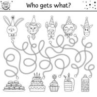 labyrinthe d'anniversaire noir et blanc pour les enfants. activité éducative de contour imprimable préscolaire de vacances. jeu de fête ou puzzle drôle avec des animaux mignons et des gâteaux. qui obtient quoi vecteur