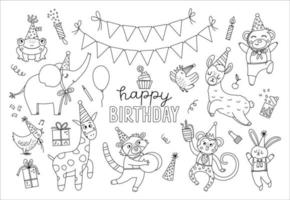 ensemble d'animaux mignons en noir et blanc en chapeaux de fête. collection de cliparts de célébration de fête d'anniversaire. pack de vacances contour vectoriel avec cadeau lumineux, gâteau aux bougies. icônes de ligne joyeux anniversaire