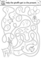 labyrinthe d'anniversaire noir et blanc pour les enfants. contour de vacances activité éducative imprimable préscolaire. drôle de jeu de fête b-day ou puzzle avec des animaux mignons. aidez la girafe à arriver au présent vecteur