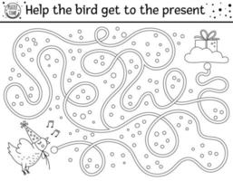 labyrinthe d'anniversaire noir et blanc pour les enfants. contour de vacances activité éducative imprimable préscolaire. drôle de jeu de fête b-day ou puzzle avec un poulet mignon. aider l'oiseau à arriver au présent vecteur