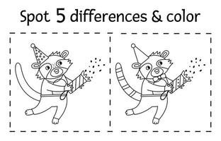 fête d'anniversaire trouver des différences et jeu de couleurs pour les enfants. activité éducative d'anniversaire en noir et blanc avec raton laveur drôle en chapeau de fête avec craquelin. feuille de calcul imprimable avec personnage souriant. vecteur