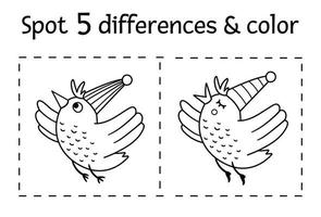 fête d'anniversaire trouver des différences et jeu de couleurs pour les enfants. activité éducative d'anniversaire en noir et blanc avec un drôle d'oiseau volant en chapeau de fête. feuille de calcul imprimable avec personnage souriant. vecteur