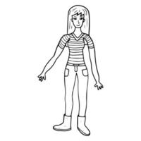 doodle heureuse jeune femme en t-shirt rayé, jeans skinny et bottes isolés sur fond blanc. vecteur