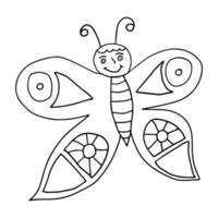 papillon de doodle de dessin animé isolé sur fond blanc. insecte d'été heureux. vecteur