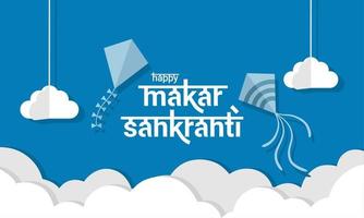 typographie makar sankranti, avec cerf-volant et nuage, pour bannière ou affiche, fête de la récolte hindoue makar sankranti. vecteur