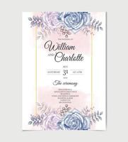 carte d'invitation de mariage aquarelle avec modèle de roses roses et bleues vecteur