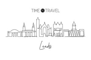 une seule ligne dessinant les toits de la ville de leeds. paysage de gratte-ciel de la ville historique dans le monde. meilleur concept de décoration murale de maison de vacances de destination de vacances. ligne continue dessiner illustration vectorielle de conception vecteur