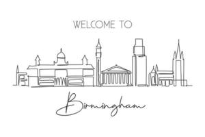 un dessin en ligne continu de l'horizon de la ville de birmingham. beau gratte-ciel de la ville. monde paysage tourisme voyage vacances décor à la maison mur affiche concept. illustration vectorielle de dessin à une seule ligne vecteur