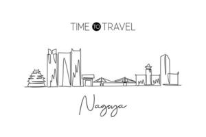 dessin en ligne continue unique de l'horizon de la ville de nagoya, japon. célèbre grattoir et paysage de la ville. concept de voyage dans le monde décor à la maison affiche d'art mural impression. illustration vectorielle de dessin à une ligne moderne vecteur