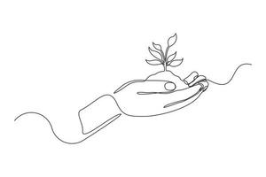 une ligne continue dessinant la main de la paume tenant ensemble une jeune plante verte. une seule main tenant un arbre. illustration graphique vectorielle de conception de concept de conservation des forêts vecteur