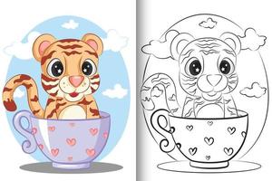 le tigre de dessin animé mignon est assis dans une tasse violette. livre de coloriage pour les enfants. vecteur