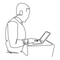 une seule ligne continue dessinant un jeune homme travaillant avec un ordinateur portable. concept d'homme d'affaires de travail. une ligne dessiner illustration vectorielle de conception graphique vecteur