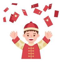 un garçon chinois célèbre le nouvel an lunaire chinois avec une illustration plate de paquets rouges vecteur