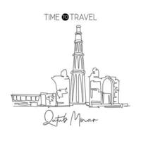 dessin en ligne continue unique point de repère de la mosquée qutub minar. le plus bel endroit célèbre de delhi, en inde. concept d'impression d'affiche de décoration murale de voyage dans le monde. illustration vectorielle de dessin à une ligne moderne vecteur