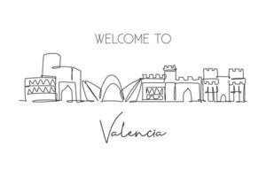 dessin en ligne continue unique de l'horizon de la ville de valencia, espagne. carte postale célèbre de gratte-ciel et de paysage. concept d'impression d'affiche de décoration murale de voyage dans le monde. illustration vectorielle de dessin à une ligne moderne vecteur