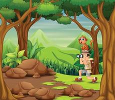 l'homme explorateur avec singe dans la forêt vecteur