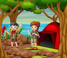 dessin animé enfants en tenue d'explorateur campant dans la nature vecteur