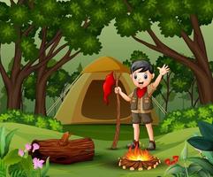 garçon scout campant dans la forêt vecteur