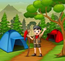 heureux garçon scout camping en forêt vecteur