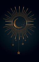 icône du soleil, de la lune et des étoiles, sorcière boho et symbole magique. signe d'art mystique, emblème de luxe en or. illustration vectorielle isolée sur fond noir, style plat pour la conception graphique et web, logo, autocollant vecteur