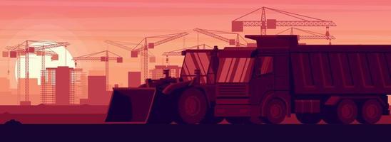 camion benne et chargeur frontal en arrière-plan panoramique dans un coucher de soleil avec des machines lourdes de construction et d'exploitation minière vecteur