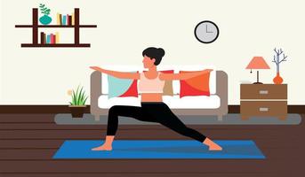 illustration vectorielle de jolie fille faisant du yoga à la maison, jeune femme faisant de l'exercice, design plat vecteur