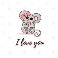 adorable petite souris avec un nœud rose à pois et des coeurs. Joyeuse saint Valentin. amour et romance. je t'aime. vecteur