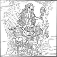 page de coloriage sirène mer princesse dessin animé ligne fille illustration téléchargement gratuit vecteur