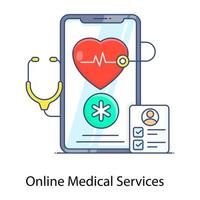 icône de contour plat du service médical en ligne, traitement mobile vecteur