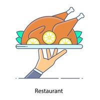 icône de contour plat de service alimentaire, servant de cloche de poulet vecteur