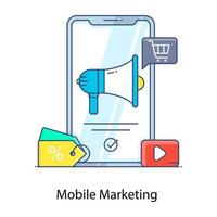 icône de contour plat de marketing mobile, publicité en ligne vecteur
