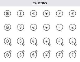 icônes de ligne dollar, euro, bitcoin, livre, franc, yen. ensemble d'icônes de ligne de change. la croissance et la chute des devises étrangères. décrire les signes d'argent pour la finance. illustration vectorielle vecteur