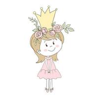 petite fille princesse en couronne d'or et fleurs vecteur