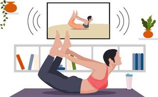 fille fait du yoga en ligne à la maison à la télévision. vecteur