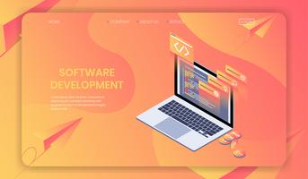 Développement de logiciels Concept isométrique, développeur Web, langage de programmation et vecteur de code de programme.