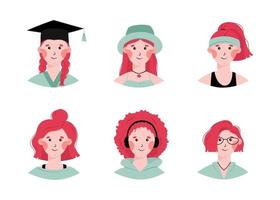ensemble d'avatars de personnes. femme rousse portant une casquette académique, un chapeau d'été, faisant du sport, écoutant de la musique. notion de diversité. vecteur